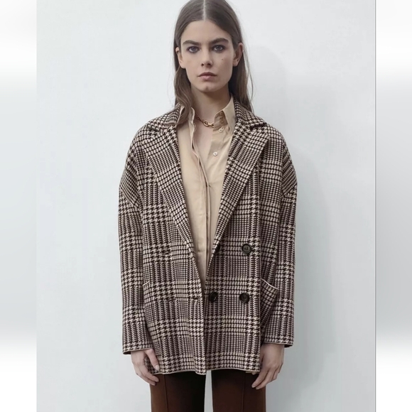 ZARA HOUNDSTOOTH KNOT BLAZER BROWN - Picture 2 of 8